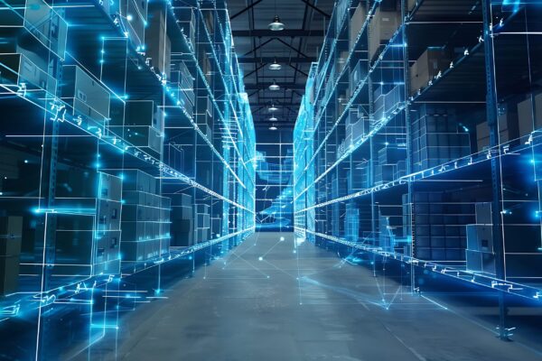 Futuristic Warehouse with Blue Neon Lights and Connected Data.
